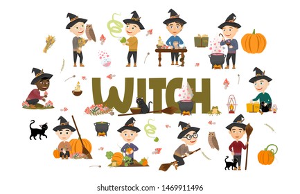 Cute witch boy set. Wizards in black hats and warm sweaters gather mushrooms and herbs, brew potions, fly on a broomstick and make magic. Vector illustration