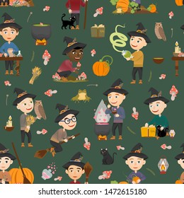 Cute witch boys seamless pattern. Wizards gather mushrooms and herbs, brew potions, fly on a broomstick and make magic. Vector illustration