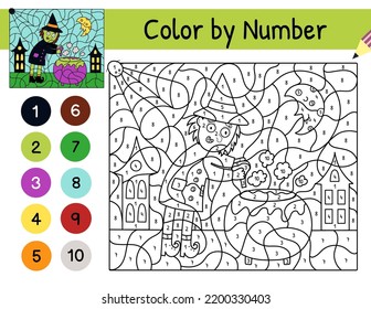 Cute witch brewing a potion in a cauldron color by number game for kids. Coloring page with cute Halloween characters. Printable worksheet with solution for school and preschool. Vector illustration