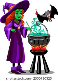 Cute witch brews a magic potion in a big cauldron bat holds a magic potion in its paw halloween theme happy halloween greetings vector