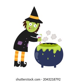 Cute witch brews a potion in a cauldron. Halloween character isolated element. Cooking witch and bubbly pot in cartoon style for kids design. Vector illustration