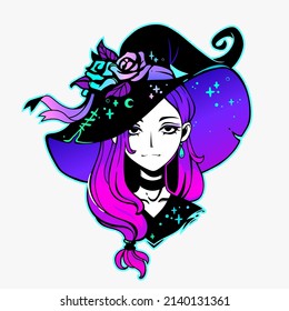 cute witch with bright hair in a hat