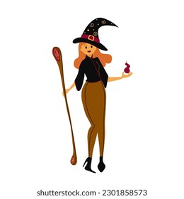 Cute witch with a broom in her hands. Vector illustration. Decorative element for Halloween