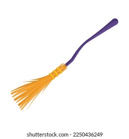 Cute Witch broom with a long handle sticker vector illustration. Cartoon drawing of witchcraft or dark magic element in boho style isolated on white background