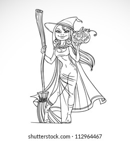 Cute witch with a broom and pumpkin black and white outline for coloring