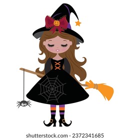 Cute witch with broom and spider vector cartoon illustration