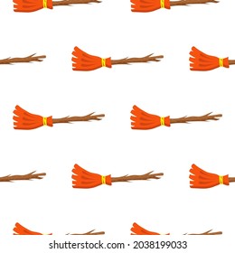 Cute witch broom vector halloween seamless pattern on a white background
