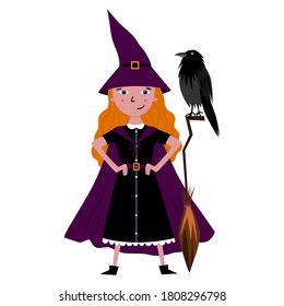 Cute witch with broomstick and raven. Girl in Halloween costume - cloak and witch hat. Trick or treat party. Spooky vector illustration. Halloween greeting card. Flat illustration isolated on white.