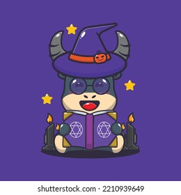 Cute witch buffalo reading spell book. Cute halloween cartoon illustration.