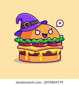 Cute Witch Burger Cartoon Vector Icon Illustration. Food Holiday Icon Concept Isolated Premium Vector. Flat Cartoon Style