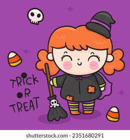 Cute Witch cartoon with broom and candy corn. Happy Halloween party (Kawaii vector). Trick or treat kids. Perfect make a wish for background, card, pattern, nursery wall and shirt design.