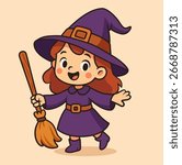 Cute witch cartoon character illustration. Halloween vector art. Happy little witch with broomstick