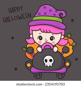 Cute Witch cartoon delivery pumpkin jack o lantern by car. Happy Halloween party children (Kawaii vector). Trick or treat kids. Perfect make a wish for background, card, pattern, nursery wall.