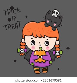 Cute Witch cartoon holding pumpkin with kitten cat. Happy Halloween party (Kawaii vector). Trick or treat kids. Perfect make a wish for background, card, pattern, nursery wall and shirt design.