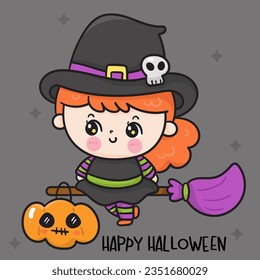 Cute Witch cartoon with jack o lantern pumpkin on broom. Happy Halloween party (Kawaii vector). Trick or treat kids. Perfect make a wish for background, card, pattern, nursery wall and shirt design.
