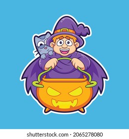 Cute witch cartoon with pumpkin