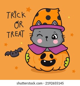 Cute Witch cartoon. Pumpkin Halloween cat party (Kawaii vector). Trick or treat kids. Perfect make a wish for background, card, pattern, nursery wall and shirt design.                       