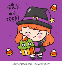 Cute Witch cartoon with spooky cupcake. Happy Halloween party children (Kawaii vector). Trick or treat kids. Perfect make a wish for background, card, pattern, nursery wall and shirt design.