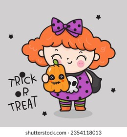 Cute Witch cartoon with spooky pumpkin jack o lantern. Happy Halloween party children (Kawaii vector). Trick or treat kids. Perfect make a wish for background, card, pattern, nursery wall and shirt.
