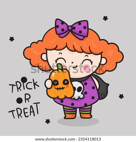 Cute Witch cartoon with spooky pumpkin jack o lantern. Happy Halloween party children (Kawaii vector). Trick or treat kids. Perfect make a wish for background, card, pattern, nursery wall and shirt.