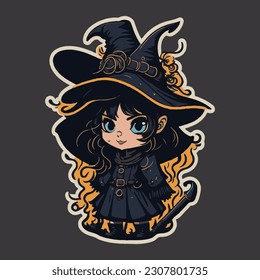 Cute witch in cartoon style. Witch sticker, logo.