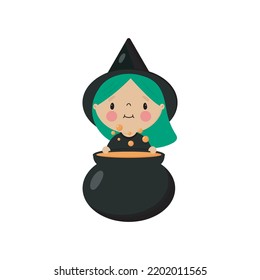 Cute Witch in cartoon style. Vector illustration on a white background. For posters, invitations, banners, printing on the pack, printing on clothes, fabric, wallpaper.