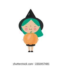 Cute Witch in cartoon style. Vector illustration on a white background. For posters, invitations, banners, printing on the pack, printing on clothes, fabric, wallpaper.