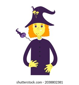 Cute witch in cartoon style. The witch is wearing a hat with mushrooms on top and a purple suit. She has warts on her face and yellow skin. Flat style illustration isolated on white background. 