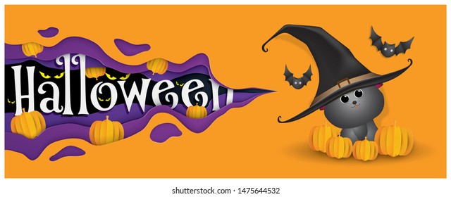 Cute Witch cat and bat, Happy Halloween background.