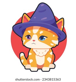 cute witch cat cartoon character illustration vector, cute cat character, animal logo mascot