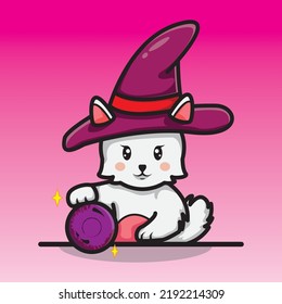 cute witch cat is divining with magic ball