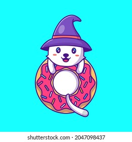 cute witch cat with donuts happy halloween Cartoon Illustration