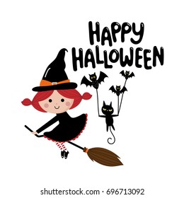 cute witch and cat flying, halloween vector