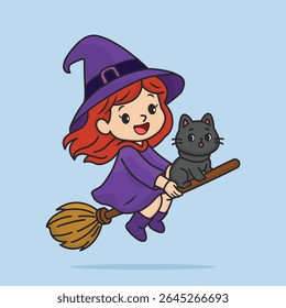 Cute Witch and Cat Flying on Broom for Halloween