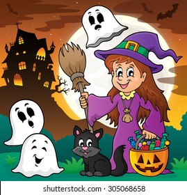 Cute witch and cat with ghosts 1 - eps10 vector illustration.