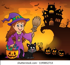 Cute witch and cat Halloween image 1 - eps10 vector illustration.
