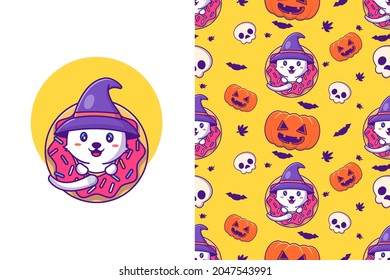 Cute witch cat happy halloween with seamless pattern