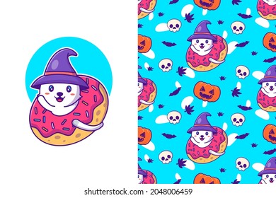 Cute witch cat happy halloween with seamless pattern