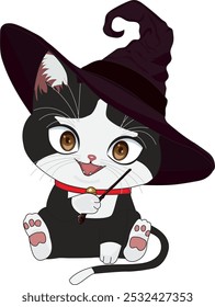 Cute witch cat with hat magic stick chibi cat character