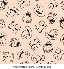 Cute witch cat and hat seamless halloween pattern in simple hand drawn childish cartoon doodle style. One line on a pastel background. Ideal for baby textiles, clothing