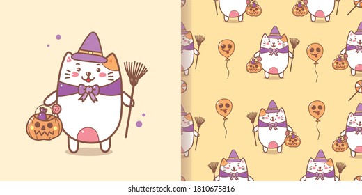 cute witch cat holding candy seamless pattern.cartoon hand draw Halloween background.