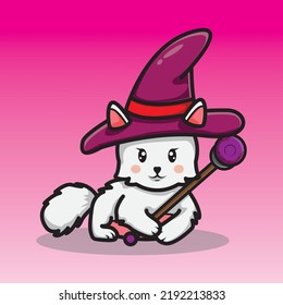 cute witch cat holding magic wand on halloween day