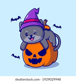 Cute Witch Cat Hug Pumpkin Halloween Cartoon Vector Icon Illustration. Animal Holiday Icon Concept Isolated Premium Vector. Flat Cartoon Style