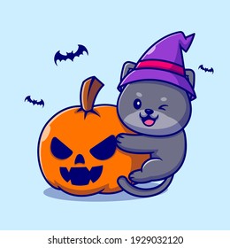 Cute Witch Cat Hug Pumpkin Halloween Cartoon Vector Icon Illustration. Animal Holiday Icon Concept Isolated Premium Vector. Flat Cartoon Style