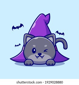 Cute Witch Cat Laying Under Witch Hat Cartoon Vector Icon Illustration. Animal Holiday Icon Concept Isolated Premium Vector. Flat Cartoon Style