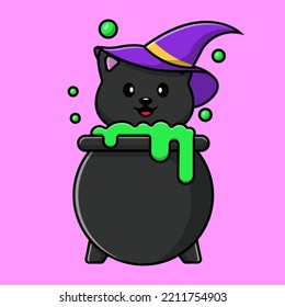 Cute Witch Cat On Halloween Cauldron Cartoon Vector Icons Illustration. Flat Cartoon Concept. Suitable for any creative project.
