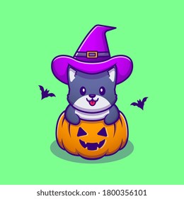Cute Witch Cat With Pumpkin Halloween Cartoon Vector Icon Illustration. Animal Halloween Icon Concept Isolated Premium Vector. Flat Cartoon Style