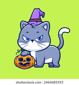 Cute Witch Cat With Pumpkin Halloween Cartoon Vector Icon Illustration. Animal Holiday Icon Concept Isolated Premium Vector. Flat Cartoon Style