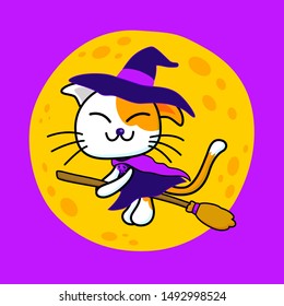 Cute witch cat ride a magic broom with full moon background.