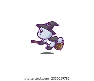 Cute witch cat riding a broomstick mascot